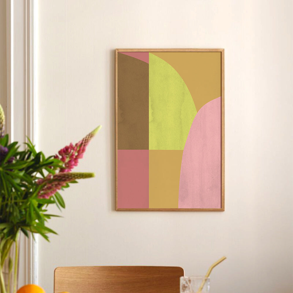 Mid-Century Geometric Blush Pink Yellow Ochre Geometric Art