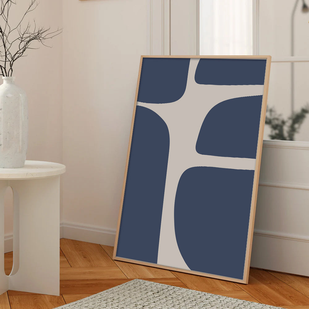 Mid-Century Beige and Blue Minimalist Art